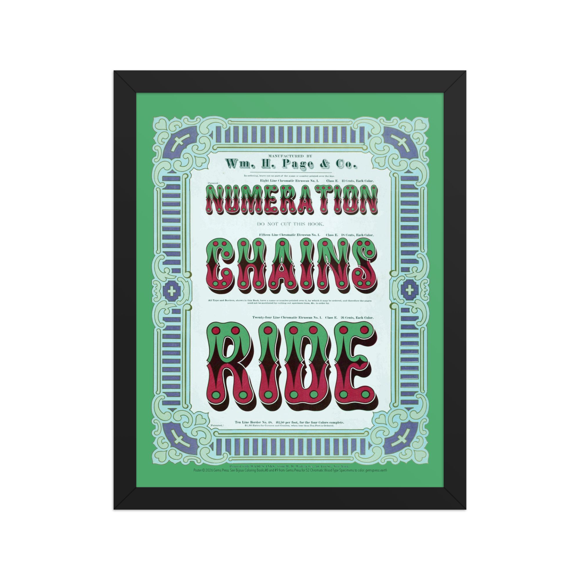 Chromatic Wood Type Specimens “Numerations Chain Ride” Framed Poster 11 x 14″