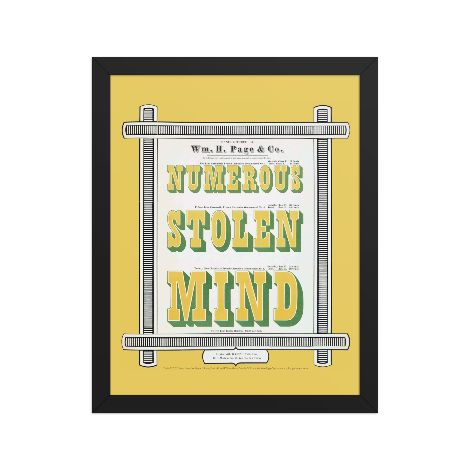 Chromatic Wood Type Specimens “Numerous Stolen Mind” Framed Poster 11 x 14″