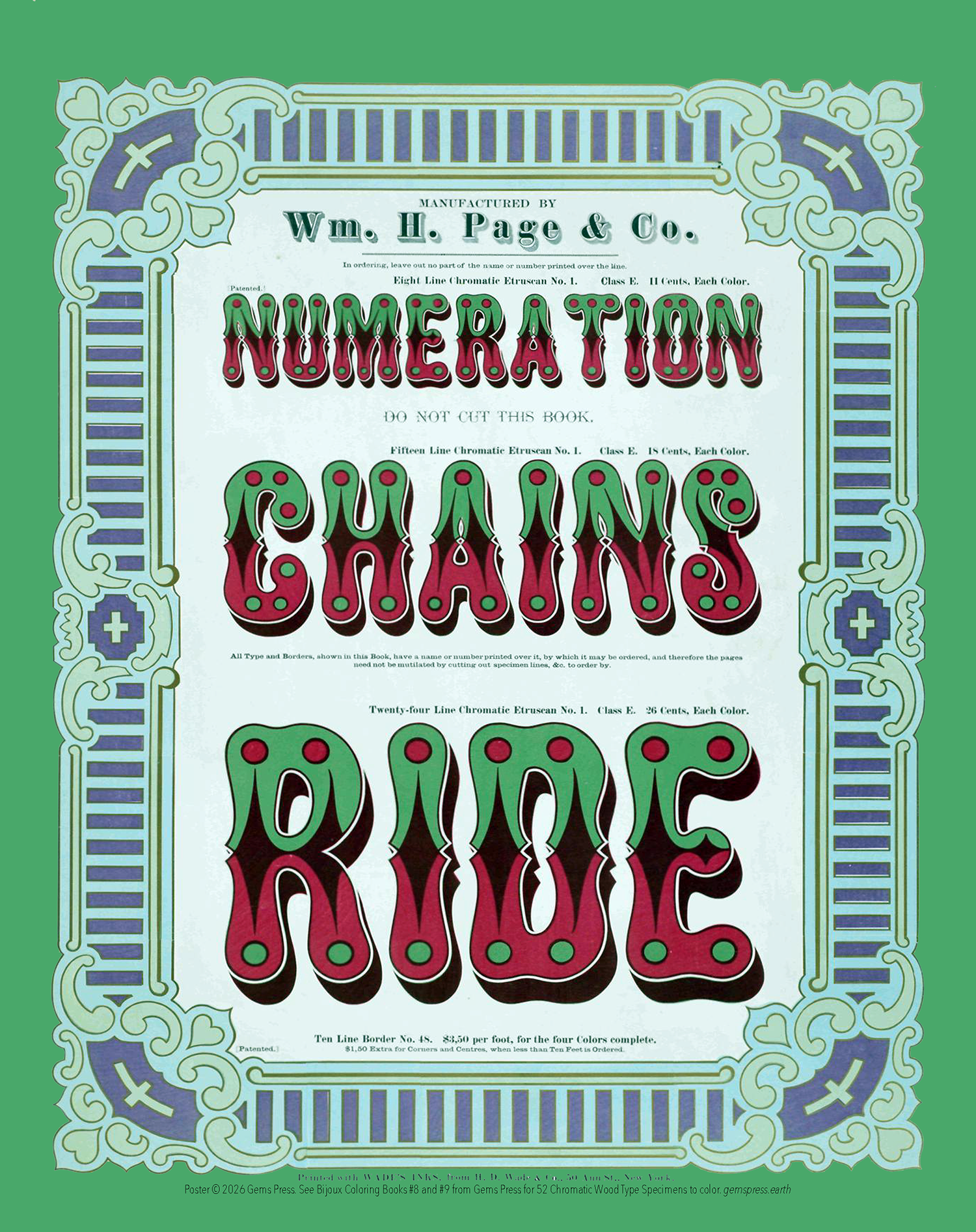 Chromatic Wood Type Specimens “Numerations Chain Ride” Poster 11 x 14″